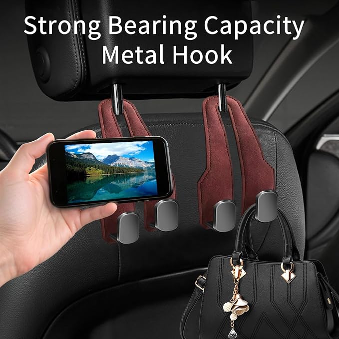 Car Purse Hook, Car Seat Headrest Hooks, Hot Pink Leather 2 Pack | Car Purse Holder Hooks, Universal Car Hangers Seat Back Organizer Storage, Double Metal Hooks for Grocery Purses and Bags - Image 4