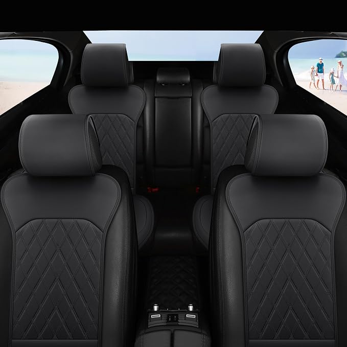 Front Car Seat Covers - Leather Seat Covers with Storage Pocket and Two Belt Pads, Anti-Slip Waterproof Universal Seat Covers for Cars Fit Cars Trucks SUV(Black,2 Pack) - Image 8