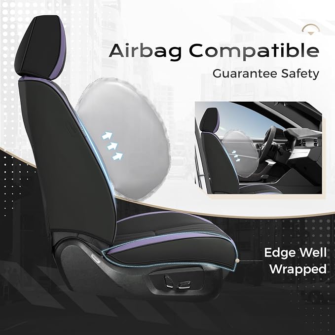 Coverado Car Seat Covers Front Seats, Seat Covers for Cars, Car Seat Protector, 2-Pack Car Seat Cushion Nappa Leather, Waterproof Seat Covers Carseat Cover Universal Fit for Most Cars(Purple&Black) - Image 3