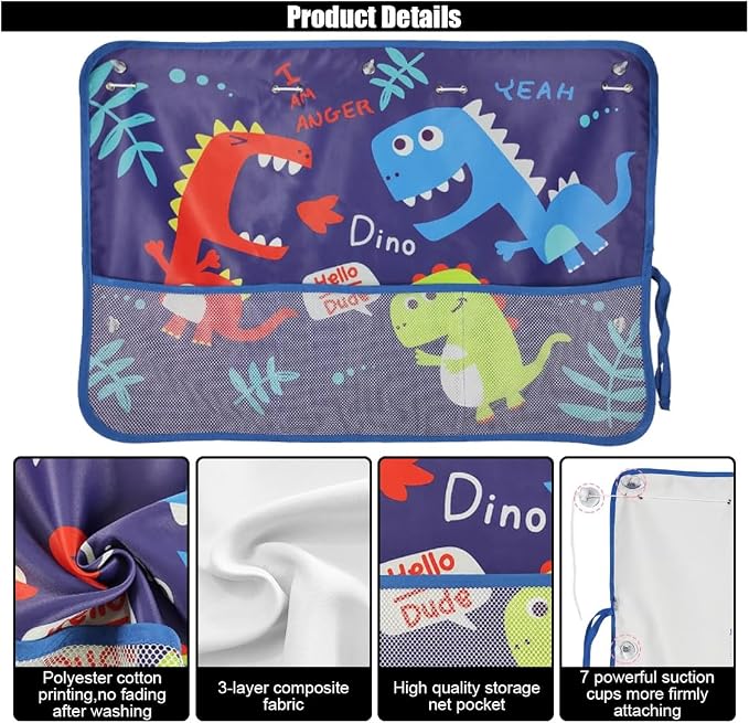 GLSOWEE Car Window Shade for Baby, Blackout Car Window Curtain, Dinosaurs | Storage Pockets & 7 Suction Cups, Cartoon Pattern Car Side Window Sun Shade Cover for Sun/Heat/UV Rays Protection, Blue - Image 4