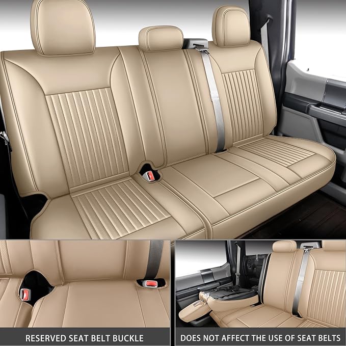MINGBRON Ford Seat Covers, Leather Pickup Seat Cushion Cover Fit for 2009-2026 Ford F150 SuperCrew & F250 F350 F450 Super Duty Crew Cab XL XLT Lariat King Ranch Platinum(Full Set/Beige) - Image 5