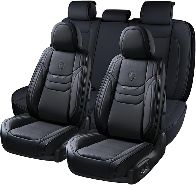 Coverado Leather Seat Covers for Cars, Car Seat Covers Full Set, Breathable Car Seat Protector with Lumbar Support, Black Seat Covers, Front and Back Waterproof Seat Cover Universal Fit for Most Cars by COVERADOAUTO