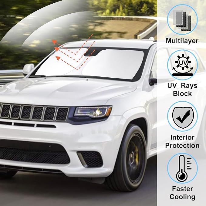 Windshield Sun Shade for 2014-2023 Jeep Cherokee Accessories | Full covered, Foldable & Durable, Block UV Rays, Reduce Heat, Easy to install, Keep Car Cooler - Image 2