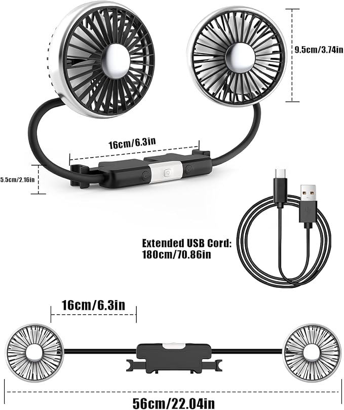 Hayousui USB Dual Head Car Fan for Backseat Kids,Separated Controlled | 3 Speeds,DC 5V/2A,LED Light,360°Rotatable,Dual Rearseat Fan for Honda/Civic/Ford/Toyota/Wranger/Sahara/Grand/Cherokee - Image 9