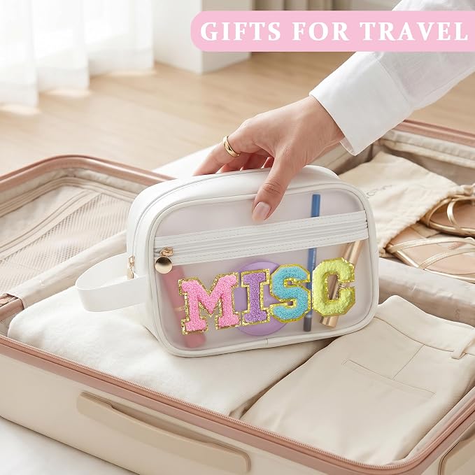 COSHAYSOO Clear MISC Makeup Bag Miscellaneous Stuff Organizer, Small Preppy Chenille Letter Patch Cosmetic Zipper Pouch, Toiletry Make Up Travel Purse Gifts for Teen Girls Women Daughter Sister - Image 6