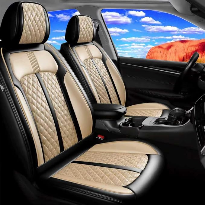 Fit CX-90 Seat Covers Custom Fit for Mazda CX-90 2024-2026, Front Pair | Premium Leather Full Coverage Protector, Waterproof, Breathable, Scratch Resistant, Easy Wipe, Airbag Compatible, Black+Beige by FiveFox