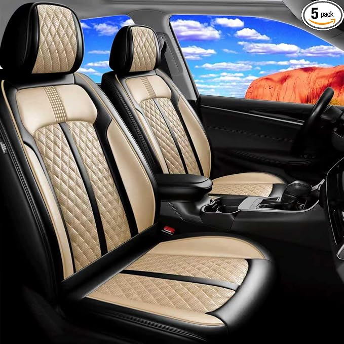 Fit Mazda 6 Seat Covers Custom Fit for Mazda 6 2007-2021, Full Set | Premium Leather Full Coverage Protector, Waterproof, Breathable, Scratch Resistant, Easy Wipe, Airbag Compatible, Black+Beige by FiveFox