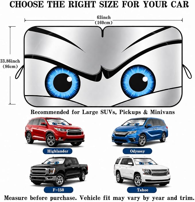 Car Windshield Sun Shade, Universal Fit Full-Size SUV Pickup, Sporty Silver | 63 x 33.86" Large Windshield Cover, Foldable Front Window Sunshade, UV Heat Blocker, Cute Eyes Series - Image 5