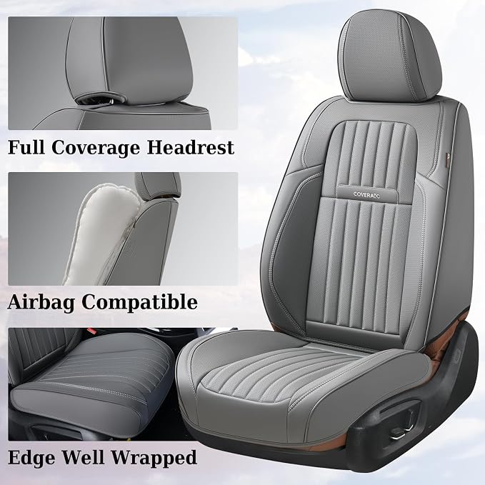 Coverado Front Seat Covers, Car Seat Cover, Gray Seat Covers for Cars, 2PCS Car Seat Protector, Waterproof Faux Leather Car Seat Cushion, Luxury Seat Cushions, Auto Seat Covers Fit for Most Vehicles - Image 3