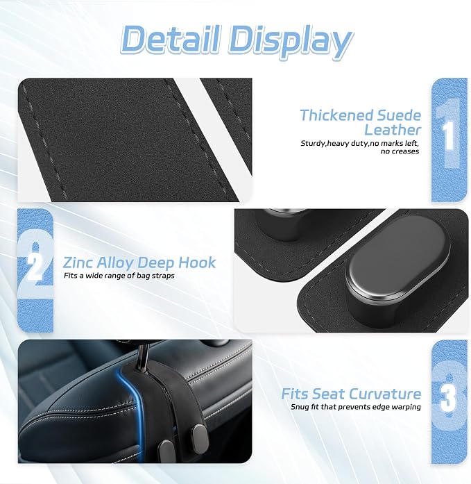 Car Seat Headrest Hooks, 4PCS Universal Car Purse Hook Leather Car Bag Hook | Black Car Bag Purse Holder with Double Metal Hooks for Handbags, Grocery Bags, Bottles, Phones - Image 6