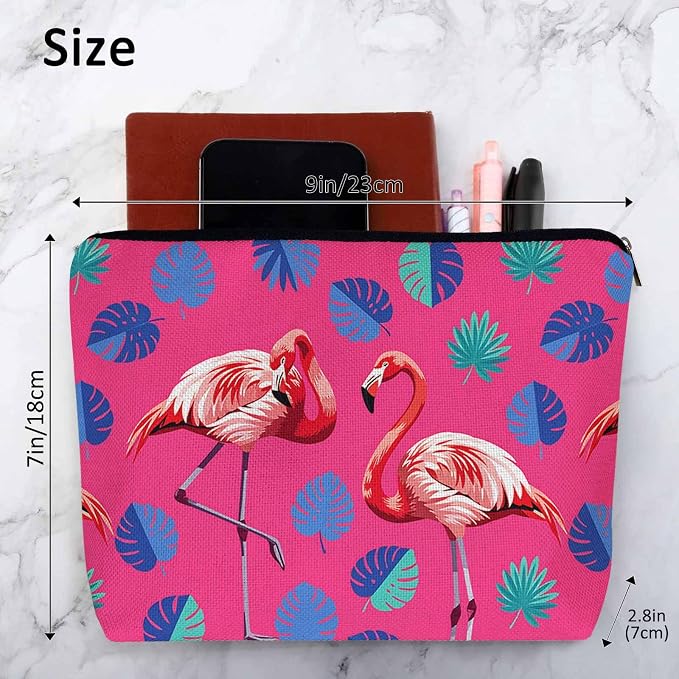 Flamingo Makeup Bag For Women, Adorable Cosmetic Pouch With Tropical Leaves Palms Pattern, Pink Zipper Travel Toiletry Organizer For Gym and Bathroom - Image 4