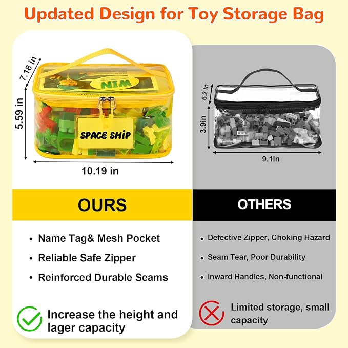 Tesuko 6 Pack Clear Toy Storage Bag with Name Tag& Manual Pocket, Waterproof Transparent PVC Toy Organizer Case for Lego Bricks, Board Games, Building Blocks, Puzzles (Large Capacity, Full Colourful) - Image 2