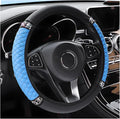 Osilly 15 Inch Rhinestone Leather Steering Wheel Cover, Blue | breathable non-slip surface, flexible ringless design, hand-stretch setup, fits matching rim sizes, automotive accessories by Osilly