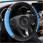 Osilly 15 Inch Rhinestone Leather Steering Wheel Cover, Blue | breathable non-slip surface, flexible ringless design, hand-stretch setup, fits matching rim sizes, automotive accessories by Osilly