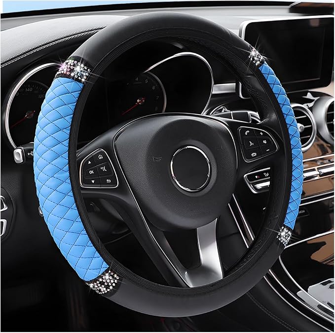 Osilly 15 Inch Rhinestone Leather Steering Wheel Cover, Blue | breathable non-slip surface, flexible ringless design, hand-stretch setup, fits matching rim sizes, automotive accessories by Osilly