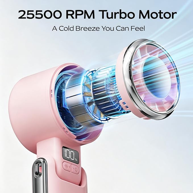 SHEWIND Portable Handheld Fan with Ice Cooling - 5 Gear High Speed Personal Turbo Fan Rechargeable, Up to 11 Hrs, Mini Hand Fans for Travel Essentials, Beach Vacation, Gifts for Women, Men (Pink) - Image 2