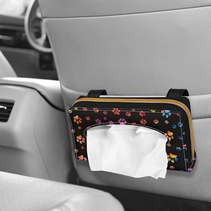 Biyejit Car Tissue Holder, Colorful Paws Car Mask Holder, Car Sun Visor Napkin Holder Backseat Tissue Case，Pu Leather Tissues Box - Image 3