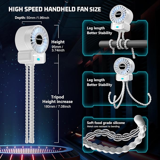 2 Pack Multifunctional Portable Stroller Fan 4 Speed 6600rpm High Speed Usb Rechargeable Personal Mini Handheld Fan Extended Tripod For Desktop Winding Kids Bed Treadmill Bike Golf Cart Outdoor Travel - Image 5