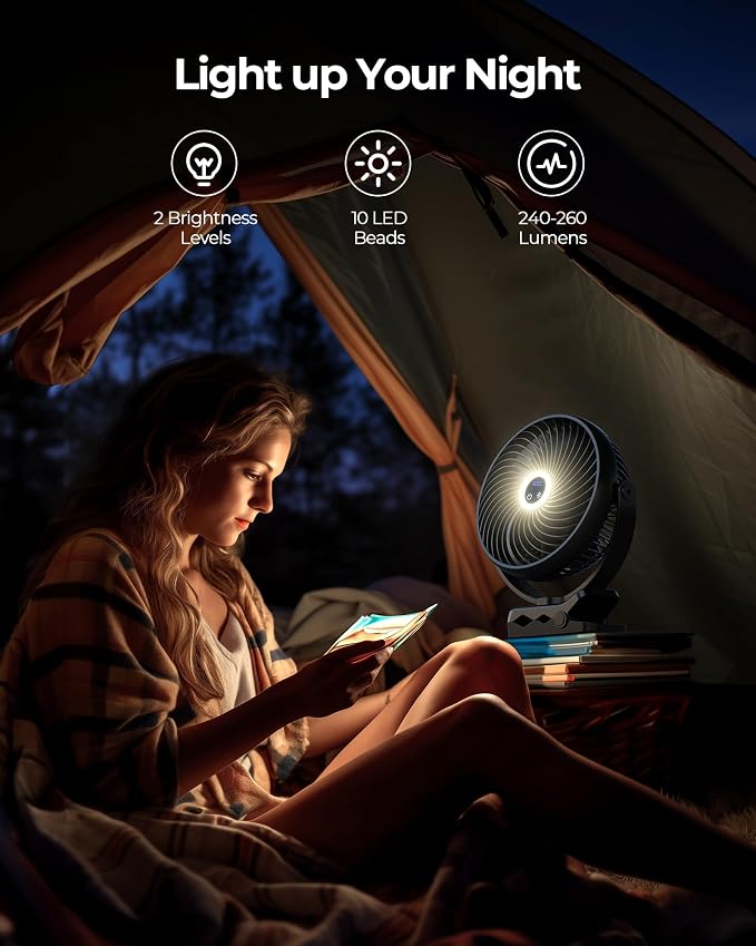 Koonie 8'' 10000mAh Portable Clip on Fan with LED Lantern and Hook | Battery Operated Desk Fan, Quiet Camping Fan with LED Digital Display, 360° Rotation & 3 Speeds for Travel Tent Gym Treadmill - Image 6