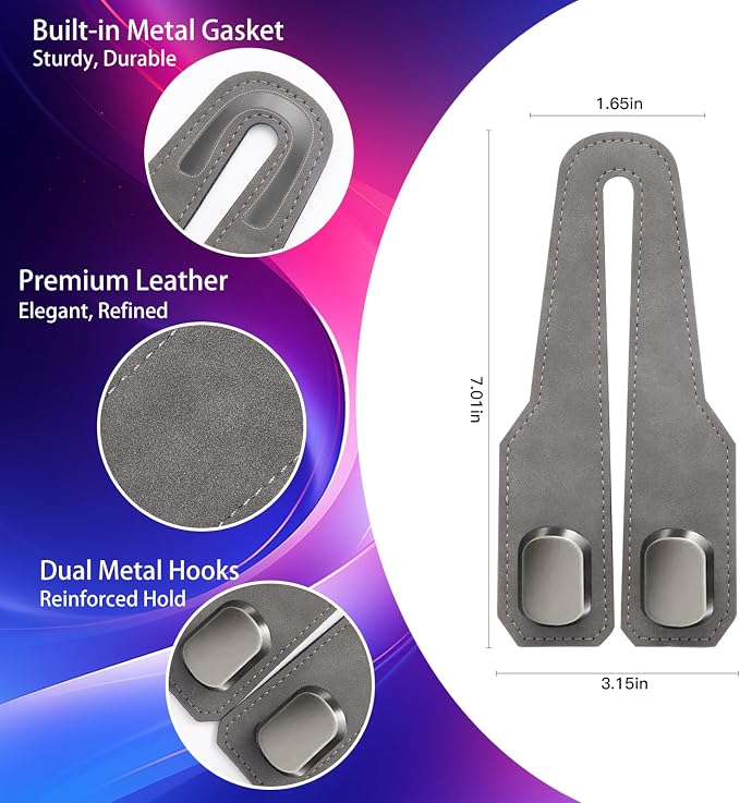 4 Pack Car Headrest Hooks, Dual Metal Hooks, Stylish Gray | Premium leather with dual metal hooks and anti-drop design. Holds purses, bags, coats, and groceries securely. - Image 7