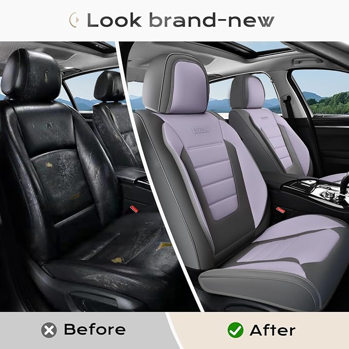 Coverado Car Seat Covers Front, Seat Covers for Cars, Waterproof 2-Pack Car Seat Cushions, Leather Carseat Seat Protectors, Universal Seat Covers Fit for Most Sedans SUV Pick-up Trucks(Gray&Purple) - Image 8