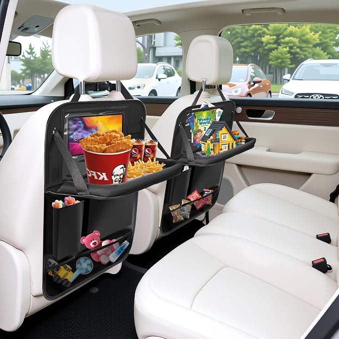 Car Backseat Organizer with Tablet Holder,6 Storage Pockets Car Storage Organizer with Foldable Food Tray,Kick Mats Backseat Protector Travel Accessories (Black) - Image 7
