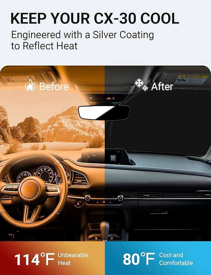 Proadsy Custom Fit Car Windshield Sun Shade for 2020-2026 Mazda CX-30 CX-30 | 240T Heat Shield, Drops Temp 54°F, Blocks 99% UV, Prevents Dashboard Cracking, Summer Parking & Beach Trips, Easy Twist-Fold - Image 2