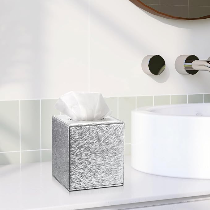 Sumnacon Tissue Box Cover Square,Magnetic Bottom Tissue Box Holder,Silver | Cube PU Leather Tissue Cover with Lychee Pattern,Decorative Tissue Box Covers for Living Room Bathroom Table Desk Office Car - Image 2