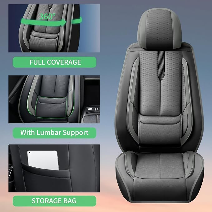 Fit Versa Car Seat Covers for Nissan Versa 2007-2024 2025 2026 -Upgraded Premium Waterproof & Breathable Leather,Airbag Compatible,All-Weather Seat Cushion Protector,2 Front/Black-Grey - Image 8