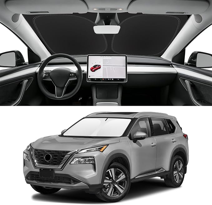 Custom Fit Windshield Sun Shade for Nissan Rogue 2021-2026 | Blocks UV Rays and Sun Heat, Helps Reduce Interior Temperature, Protects Dashboard from Fading, Folds Easily for Storage by SLOGENTO