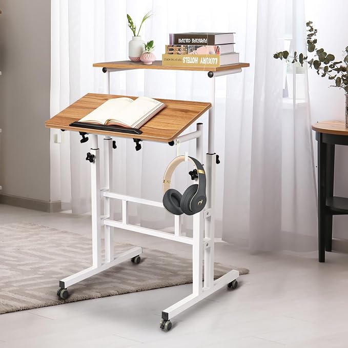 SIDUCAL Small Standing Desk, Portable Stand Up Desk, Height Adjustable Mobile Standing Table Converter with Wheels Computer Workstations, Rolling Laptop Cart for Stand or Sit, Vintage Oak - Image 2