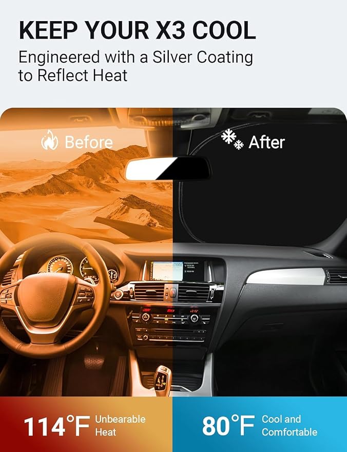 Proadsy Custom Fit 2011-2017 BMW X3 Windshield Sun Shade, Blocks Heat | 240T Heat Shield, Drops Temp 54°F, Blocks 99% UV, Prevents Dashboard Cracking, Summer Parking & Beach Trips, Easy Twist-Fold - Image 3