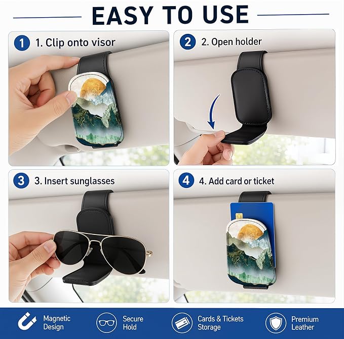 Leather Magnetic Sunglass Holder for Car Sun Visor, Cute Eyeglass Ticket Card Hanger Clip, Universal Auto Interior Accessories for SUV Pickup Truck, Golden Mountain - Image 5