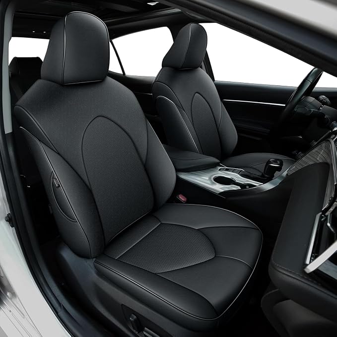 Car Seat Cover for Toyota Camry (Hybrid XLE Hybrid XSE) 2018-2024 Full Set Camry Seat Protector Leather Black | Black Full Set, Premium Faux Leather, Waterproof, Airbag Compatible, Easy to Clean, Factory-Style Fit, Interior upgrades by AOMSAZTO