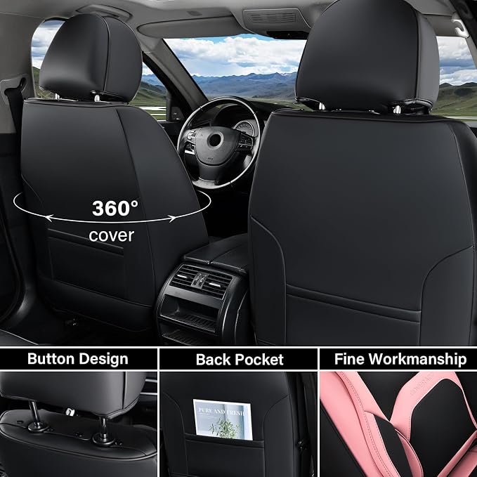 Coverado Seat Covers, Car Seat Covers Front Seats, Nappa Leather Seat Covers for Cars, Waterproof Car Seat Protector with Lumbar Support, Front Seat Covers Universal Fit for Most Cars (Black&Pink) - Image 2
