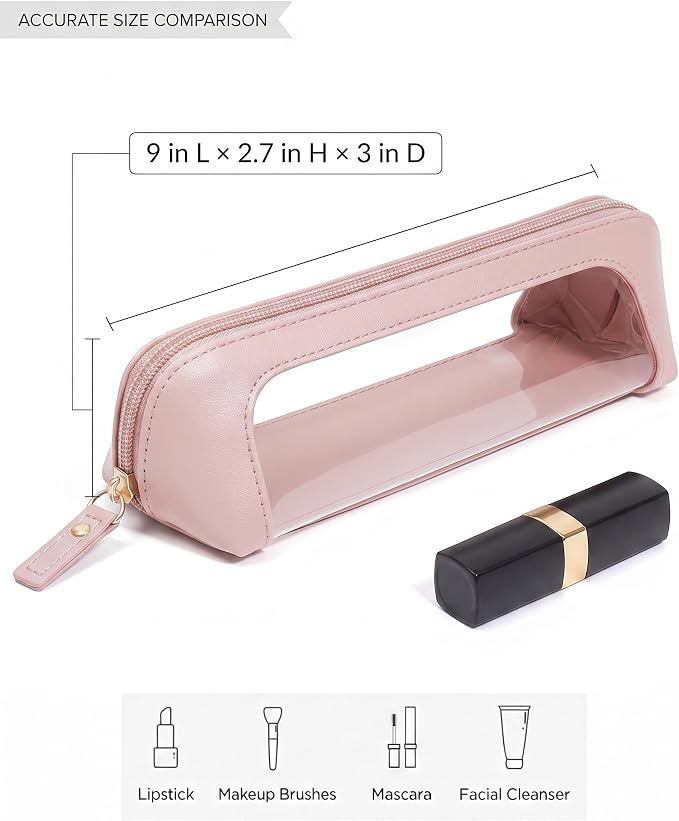 Clear Makeup Brush Bag Pouch,Waterproof PU Leather Portable Travel Makeup Bag with Transparent Window, Travel Essentials Pencil Case Organizer Pouch Car Accessories for Women Girls (Slim, Light Pink) - Image 6