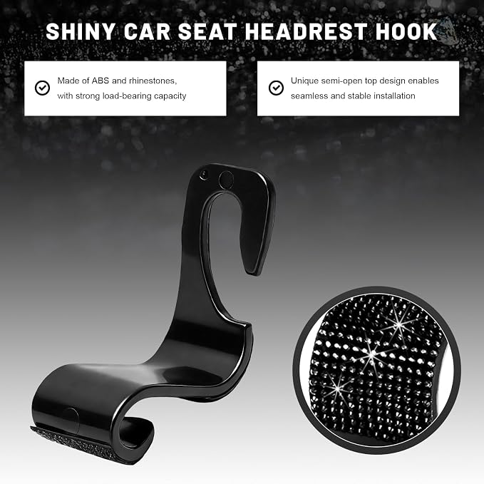 4 PCS Bling Car Seat Headrest Hooks, Sparkly Crystal Rhinestone Auto Back Seat Hanger Backpack Storage Hanger, Universal Diamond Handbag Hanging Holder for Car RV SUV Truck (Black) - Image 3