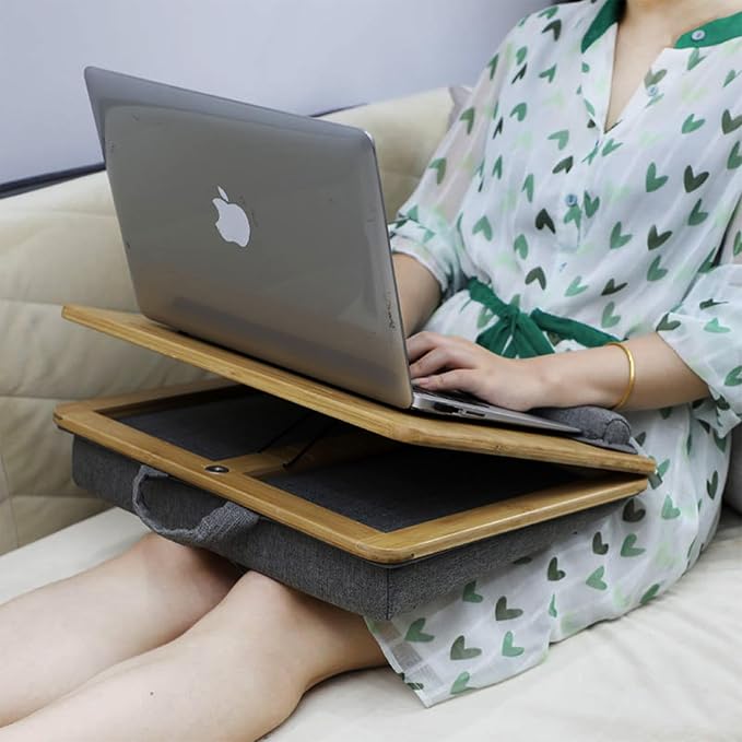 Adjustable Lap Desk for Laptop with Cushion Tablet Phone Holder | Bamboo Laptop Stand with Anti-Slip Strip, Handle Fits up to 15.6 inch or 14 inch with Mouse Space - Image 2
