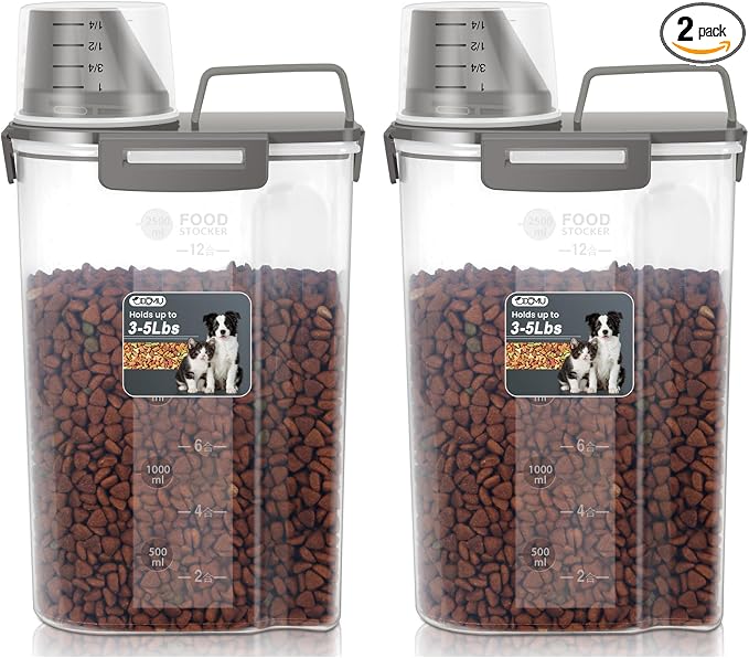 Dog Cat Food Storage Container with Cup (Dark Olive, 2.5L (2 pack)) | Pet Food Pourable Container Airtight with Large Spout, BPA-Free Plastic Food Dispenser for Pet Food, Bird Seed, Rice, Flour by ODOMU