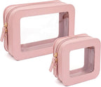 Makeup Bag Set of 2,Travel Toiletry Bag for Women, Small Cosmetic Bags Cute PVC Makeup Pouch for Purse Emergency Bag Car Accessory Bag for Girls (2Pack-Standard&Square, Light Pink) by LETGO