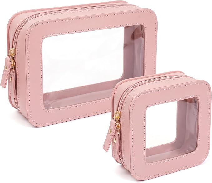 Makeup Bag Set of 2,Travel Toiletry Bag for Women, Small Cosmetic Bags Cute PVC Makeup Pouch for Purse Emergency Bag Car Accessory Bag for Girls (2Pack-Standard&Square, Light Pink) by LETGO