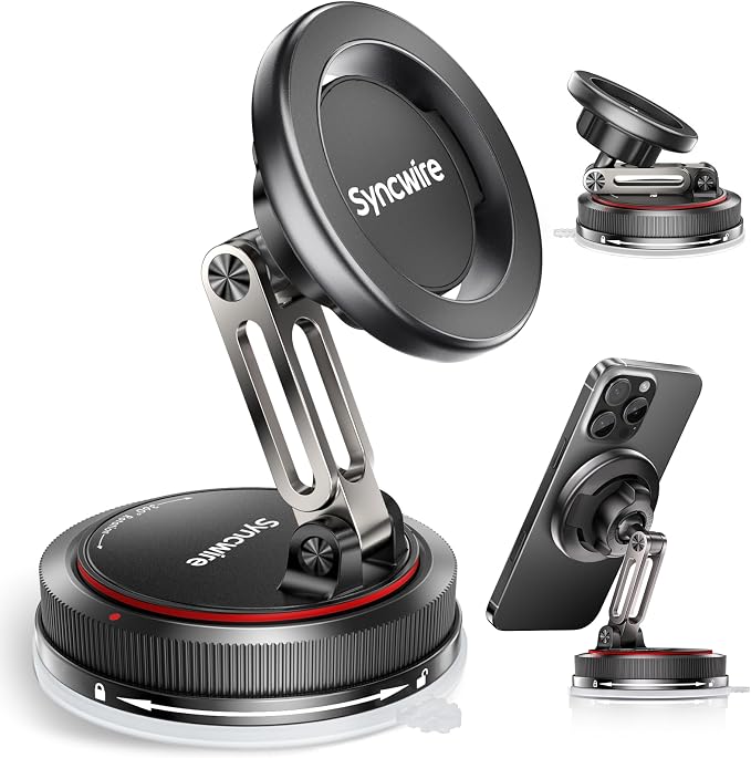 SYNCWIRE for MagSafe Car Mount [2-Axis Design] Nano Adhesive Gel + Suction Cup Magnetic Phone Holder for Dashboard & Windshield, 360° Adjustable for iPhone 17 16 15 14 13 12 11, Samsung, Matte Black by SYNCWIRE