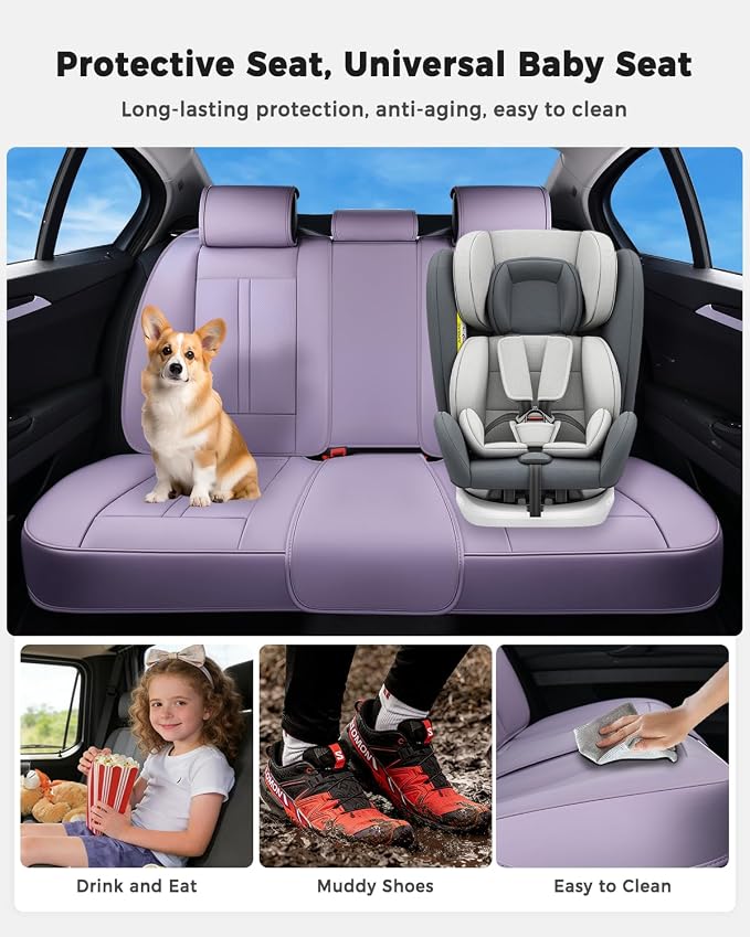 Huidasource Purple Back Seat Cover Luxury Nappa Leather, Rear Seat Cover with Velcro Adjustable, Ventilation Holes, Child Seats, Seat Covers Waterproof Universal Fit for Most Cars SUV Trucks, Purple - Image 4
