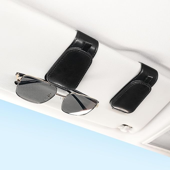 SINGARO 1 Pack Sunglass Holder for Car Visor Sunglasses Holder Clip, Universal Non-Slip Magnetic Leather Glasses Eyeglasses Hanger Mounter, Truck Interior Car Visor Accessories for Woman Man, Black by SINGARO