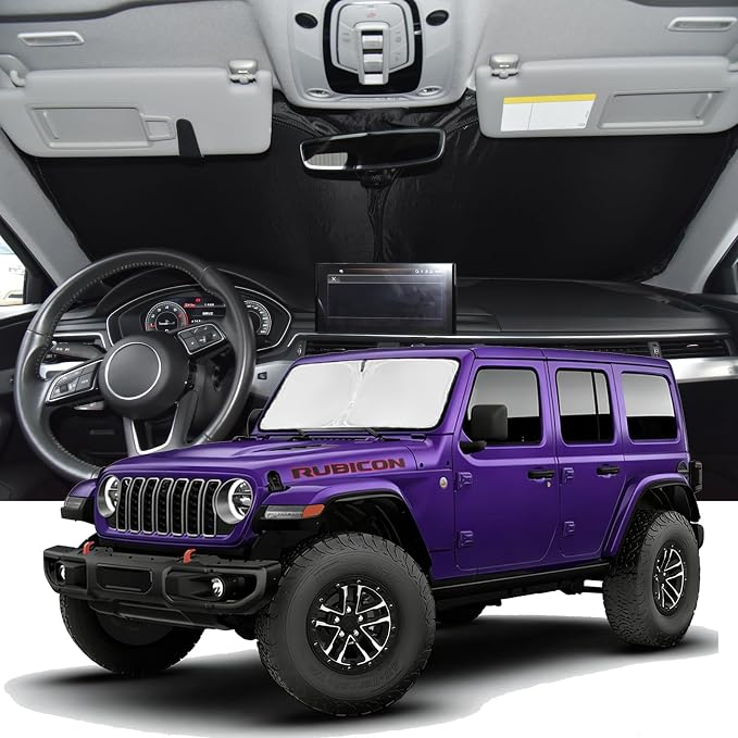 Windshield Sunshade for Jeep Wrangler JL JKU 4XE 4&2 Door 2018-2026 | Jeep Gladiator JT 2020-2026 Sun Shade Upgrade 4 Layers Blocks UV Rays Custom Fit Wrangler Front Windshield Keep Cool by ZOIBVCARSUNSHADE