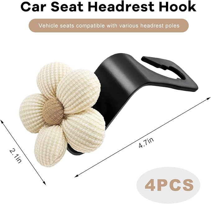 4 PCS Car Seat Headrest Hooks, Cute Flower Vehicle Backseat Hanger Storage Hook, Portable Auto Seat Back Holder Hanging Organizer for Purse Grocery Bag Cloth (White) - Image 2