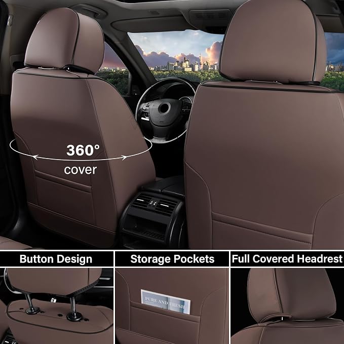 Coverado Leather Car Seat Covers Full Set, 5 Seats Waterproof Seat Covers for Cars Front and Rear Seat Cushions Protectors Universal Fit Most Vehicles (Bronw&Beige) - Image 6
