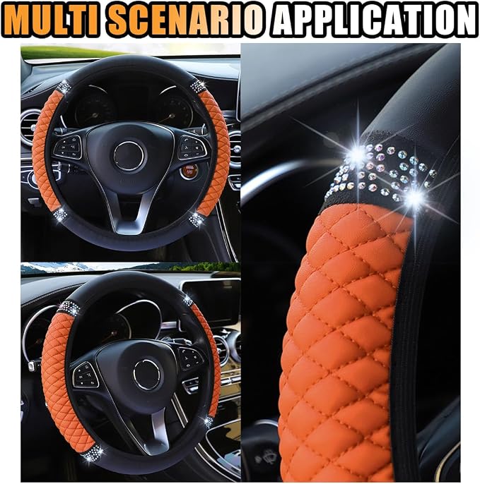 JOYCOURT 15 Inch Bling Soft Leather Car Steering Wheel Cover, Orange | Colorful Rhinestones Design, Auto Elastic Protector for Women Girls, Crystal Diamond Car Accessories for Most Cars, SUVs - Image 6