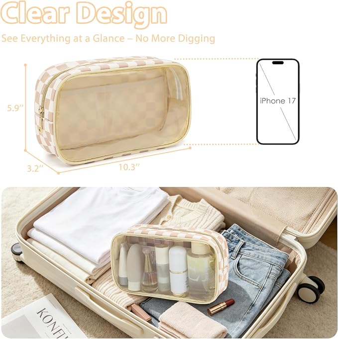 Fammart Clear Travel Makeup Bag for Women, TSA Approved Checkered Cosmetic Bag Make Up Car Organizer Case with Zipper, Large Waterproof Pouch Purse Toiletry Bag for Skincare, Brushes Travel Essentials - Image 3