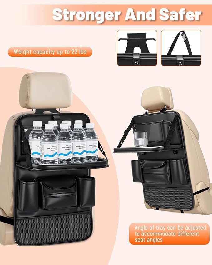 2 Pack Leather Car Backseat Organizer with Foldable Table Tray | Garbage Bag Hook, Protector Kick Mats for Kids, 8 Large-Capacity Pocket, Universal Car Seat Protector for Kids, Pets & Travel - Image 6